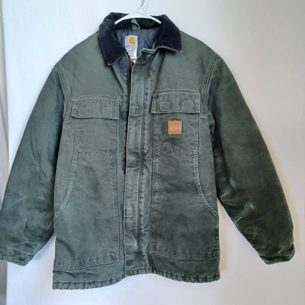 Carhartt Coat Dual Zip Canvas Chore Coat Corduroy Collar Jacket Mens size Medium - Picture 2 of 14
